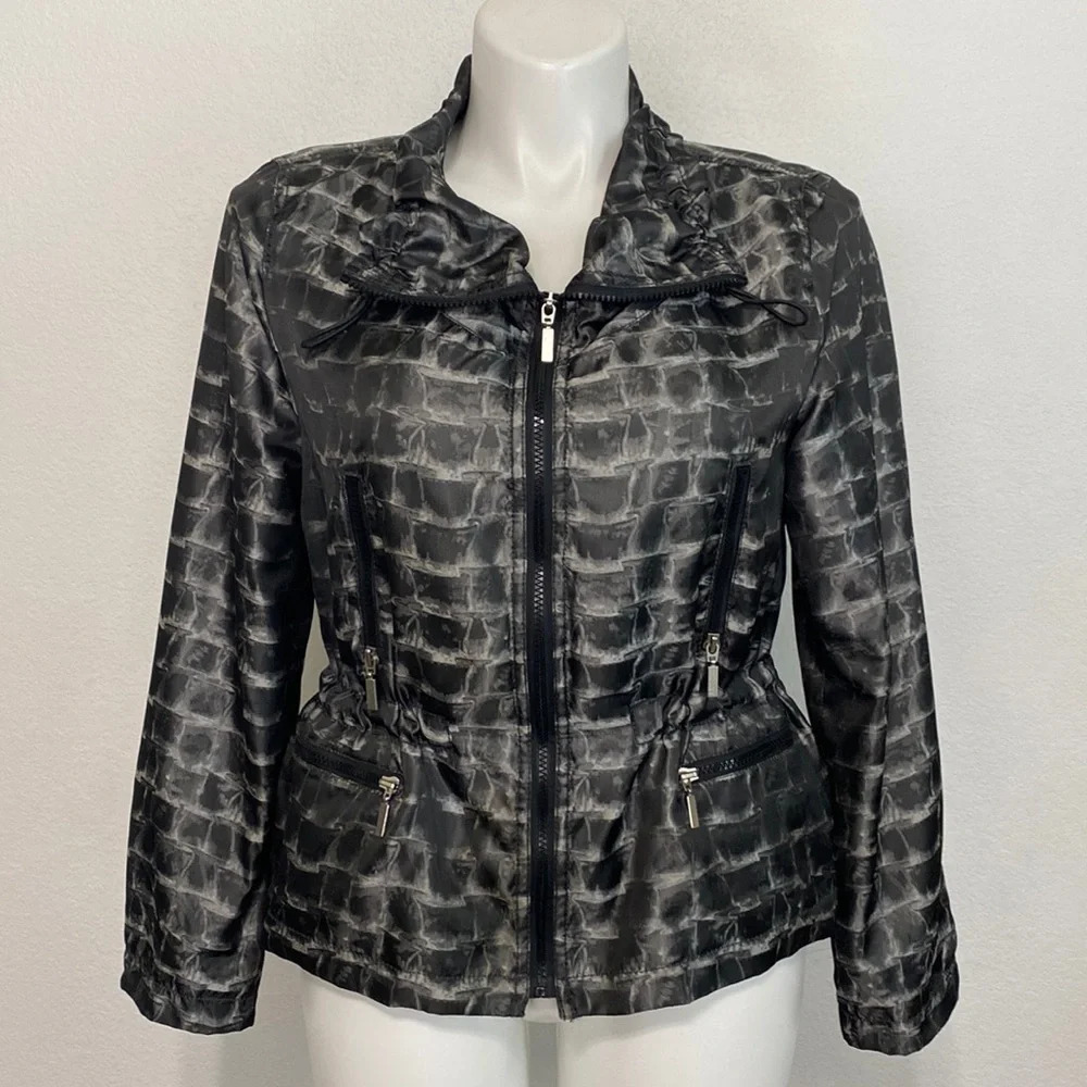 Chaus Gray Black Long Sleeve Cinched Neckline Pockets Full Zip Jacket Size M
